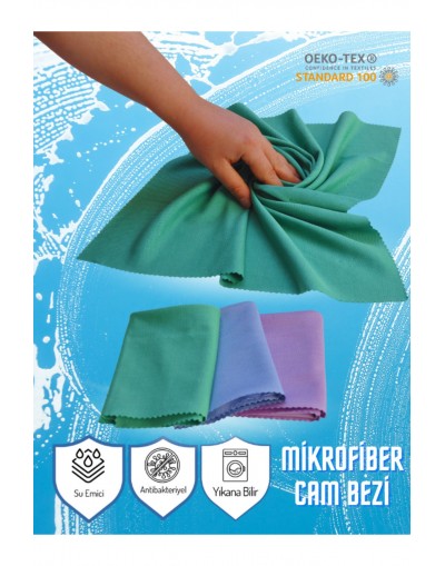 VAVEY Mikrofiber 3'lü Su Emici İz Bırakmayan Antibakteriyel Cam Temizlik Bezi Seti 40x60