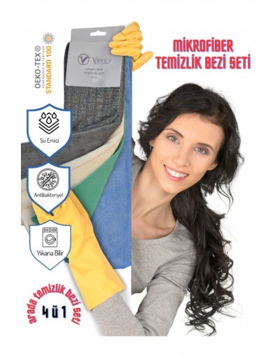 VAVEY Mikrofiber 4'ü 1 Arada Mutfak Bezi, Cam Bezi, Araç Bezi ve Genel Temizlik Bezi Seti 40x60 cm