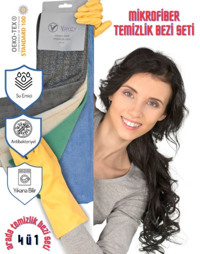 VAVEY Mikrofiber 4'ü 1 Arada Mutfak Bezi, Cam Bezi, Araç Bezi ve Genel Temizlik Bezi Seti 40x60 cm