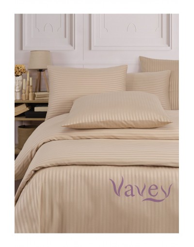 VAVEY PAMUK SATEN ÇİZGİLİ NEVRESİM TAKIMI KUTULU ÇİFT KİŞİLİK AÇIK KAHVE