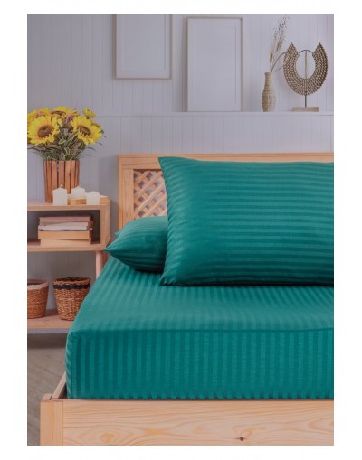 VAVEY Pamuklu Çizgili Saten Çift Kişilik Lastikli Çarşaf Takımı Koyu Yeşil  180x200 Cm 2 Adet Yastık Kılıfı 50x70 Cm