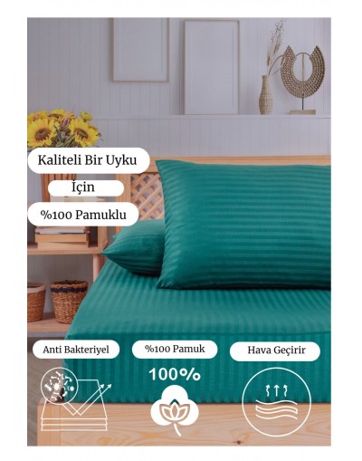 VAVEY Pamuklu Çizgili Saten Çift Kişilik Lastikli Çarşaf Takımı Koyu Yeşil  180x200 Cm 2 Adet Yastık Kılıfı 50x70 Cm