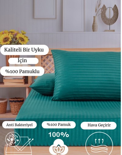 VAVEY Pamuklu Çizgili Saten Çift Kişilik Lastikli Çarşaf Takımı Koyu Yeşil  180x200 Cm 2 Adet Yastık Kılıfı 50x70 Cm
